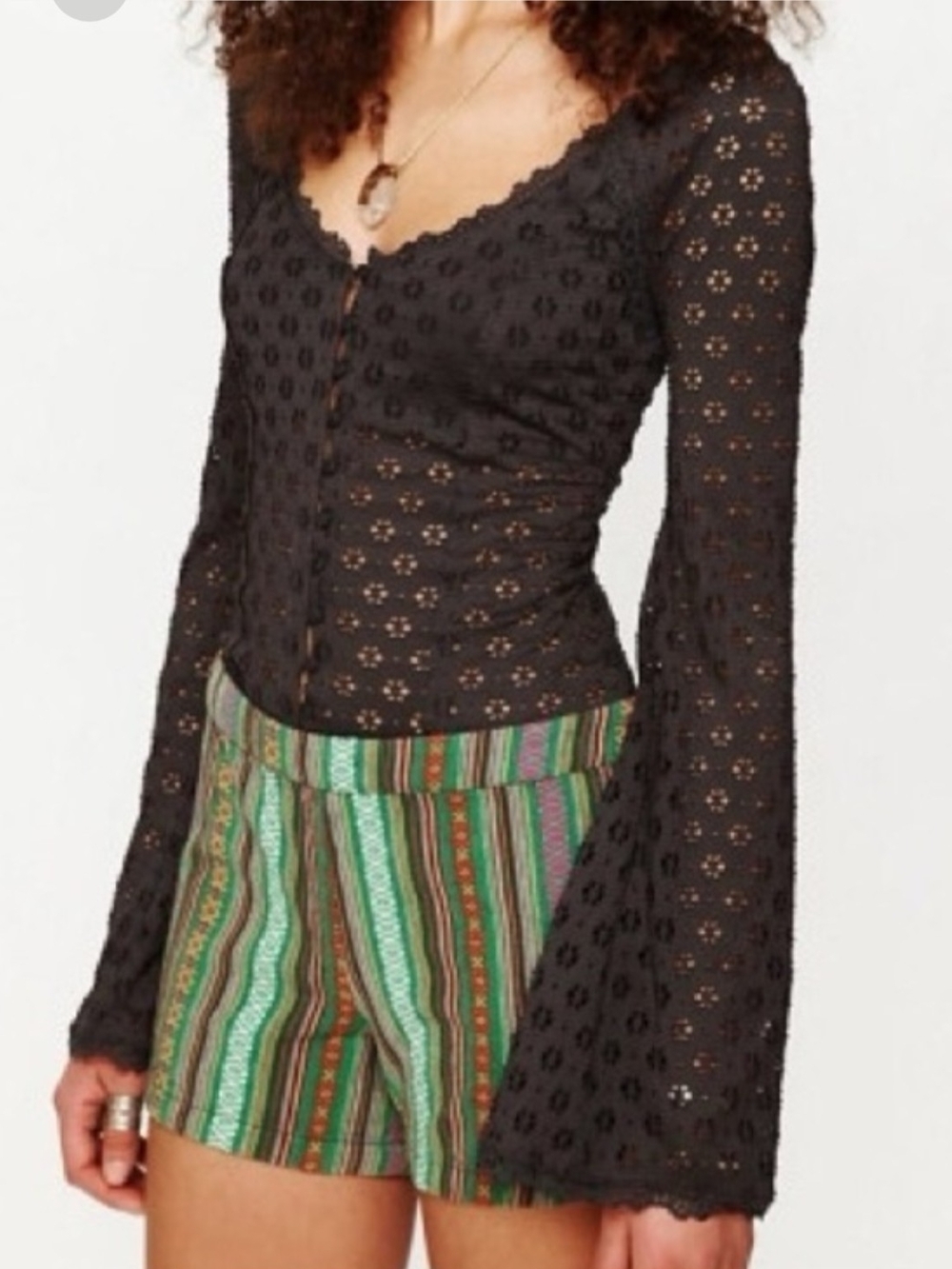 Free People Black Eyelet Button-Front Lace Top